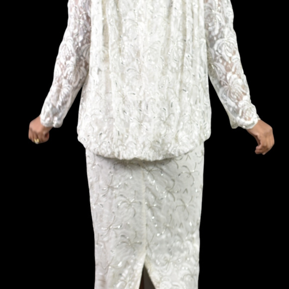 Vintage Beaded Lace Dress White 80s Sequin Maxi Blouson Handmade Bespoke Small - Picture 6 of 12